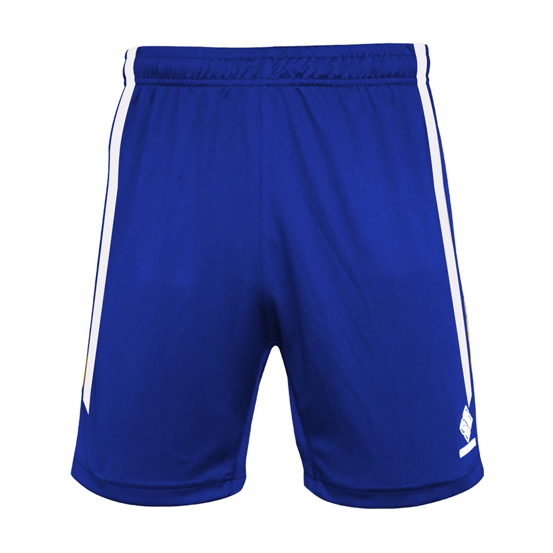 A pair of royal blue/white football shorts. 