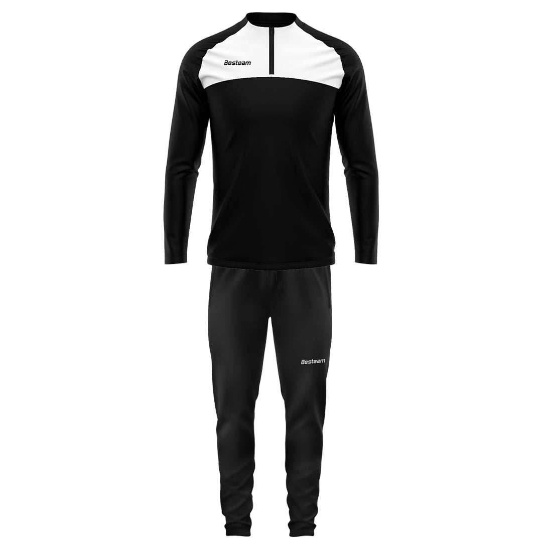 Black and white tracksuit with brand logo on a white background