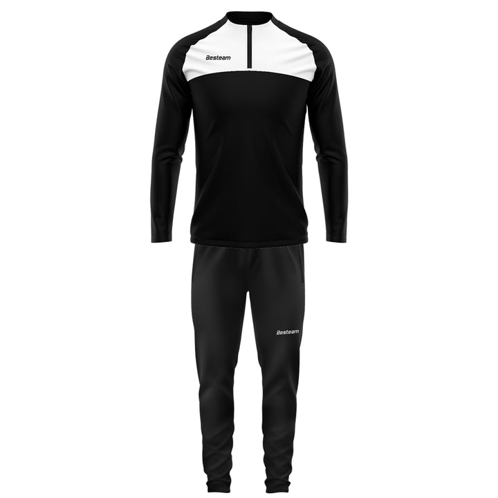 Black and white tracksuit with brand logo on a white background