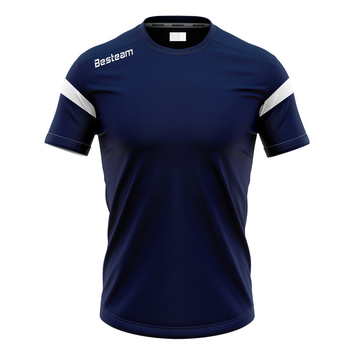 Navy blue sports jersey with white accents on a white background